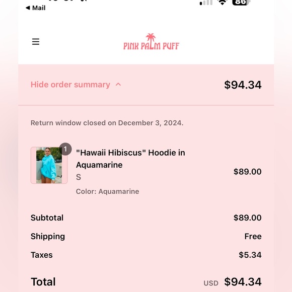 100% Authentic Pink Palm Puff Hawaii Hibiscus Flower Hoodie in Aquamarine Small - Picture 8 of 8